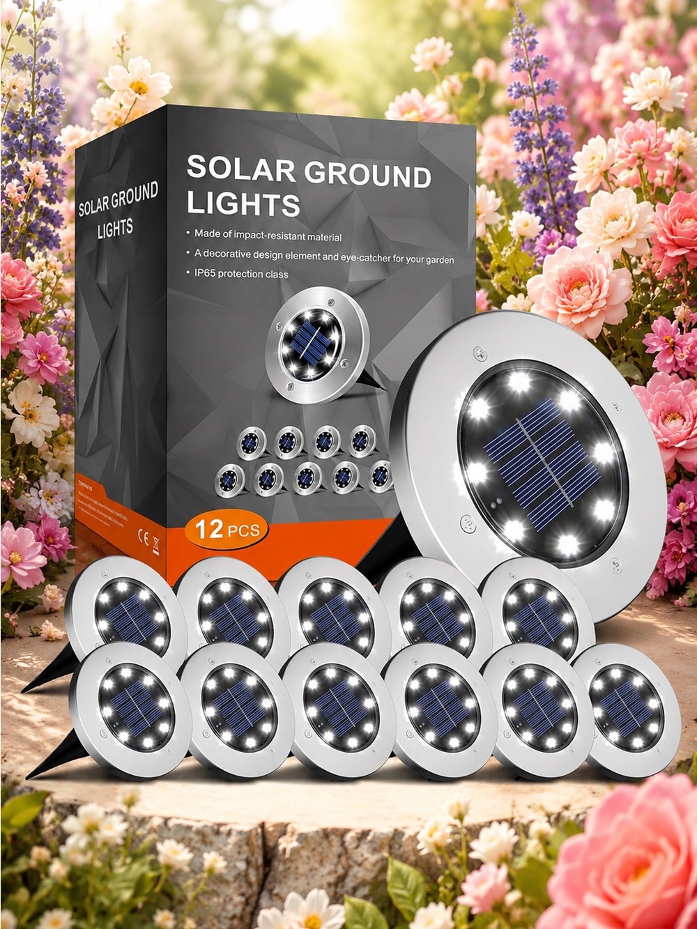 12-Pack Solar Ground Lights - White LED Garden Pathway Lights